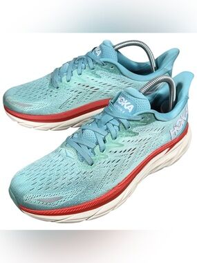Hoka One One Clifton 8 Shoes Women’s Size 9 B Aqua Red Running Trainers Sneakers